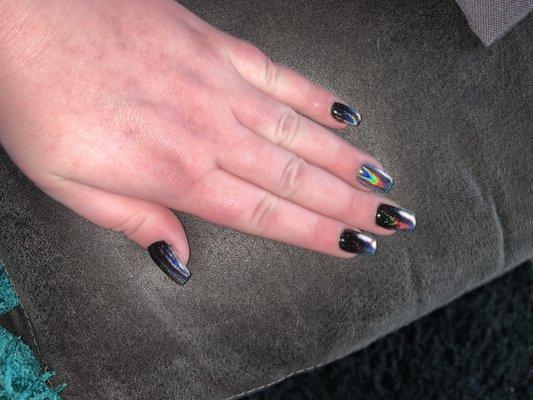 Sept 3rd SNS Coffin black "chrome"(she said chrome it's halo) ombré. She did a heck of a job! I adore them!