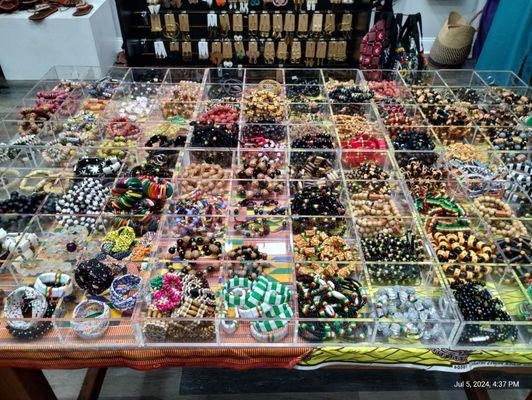 Display of beaded jewelry.