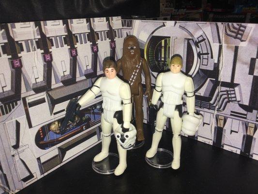 Kenner 3.75" Figures - Chewbacca 1977, Stormtropper Luke 1985 (last 17) & Custom Stormtrooper Han Solo using all vintage Kenner parts.