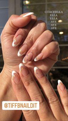 French tip with gold and rhinestone design