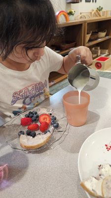 Students serve their own snack, and we use dishes and utensils they can find in their kitchen at home.