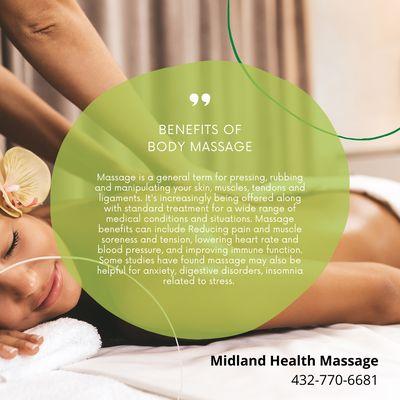 Midland Health Massage
 210 W Longview Ave Suite F, Midland, TX 79701 
 Call us at 432-770-6681