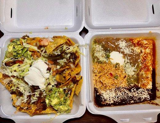 Nachos supreme on left - enchiladas putlecas on right