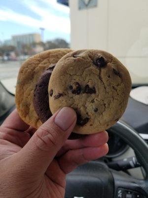 From right to left:  Chocolate chip cookie Double chocolate chip cookie Sugar cookie with M&Ms