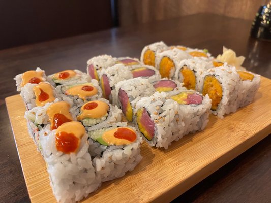 Spicy California, tuna and mango, and sweet potato rolls