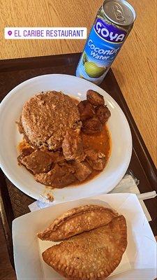 Pork stew, rice and beans, Cubana and chicken and cheese empanadas