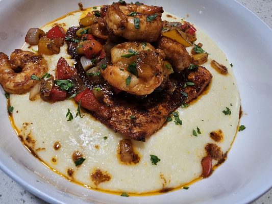 Blackened Salmon and Shrimp, served with Smoked Gouda Grits