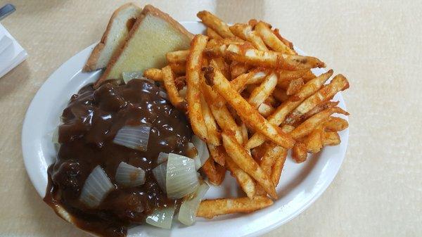 Frozen fries, $25 for a Hamburger Steak Plate and a togo Burger.  Waitress acted as if I was bothering her by being there.