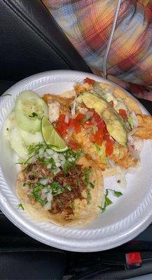 Fried pork and fried fish taco