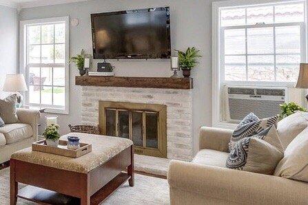 White-washed fireplace and custom mantle