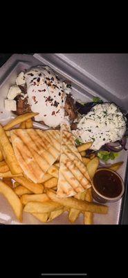 Doner Plate ( our Lamb, Beef, Chicken mixed meat covered with our Homemade Garlic Cucumber sauce)