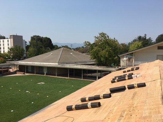 Church of The Valley, Santa Clara Ca. Installation of plywood complete and getting ready to install 30lb. felt paper.