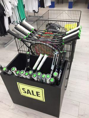 Tennis sale and clearance rackets, strings, and accessories.