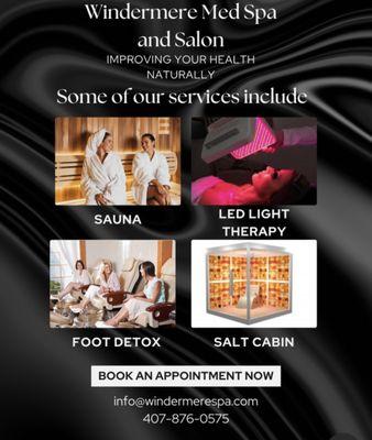 Showcasing some of our services, infrared sauna medical grade LED light therapy foot detox  salt cabin