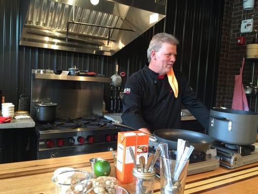 Sam Peters prepping the station for a cooking show.