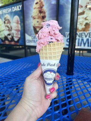 Black Cherry Single Scoop in a waffle cone.