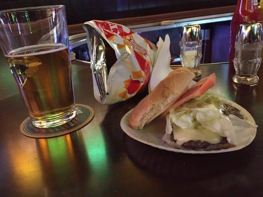 Cheeseburger, beer, and chips $5.00!