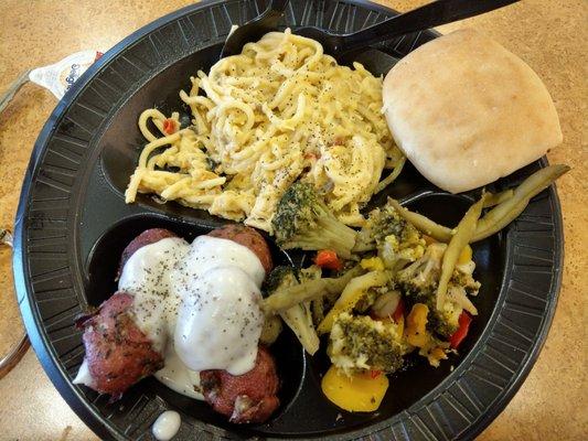 I just needed a cheap meal to hold me. This was spaghetti chicken, red potatoes, and mixed veggies plus a roll for $6.99