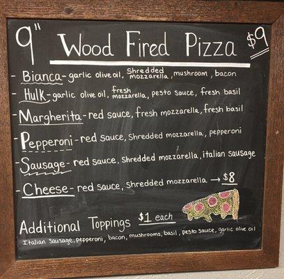 Pizza menu. They also have a few appetizers and salad.