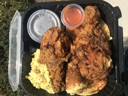 Fried Chicken with Buttermilk Pancakes & Cheesy Scrambled Eggs