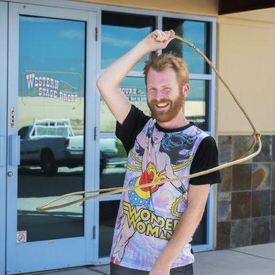 Kyle is really getting into the spirit of Wonder Woman with our Trick Rope of Veracity, our version of the golden Lasso of Truth!