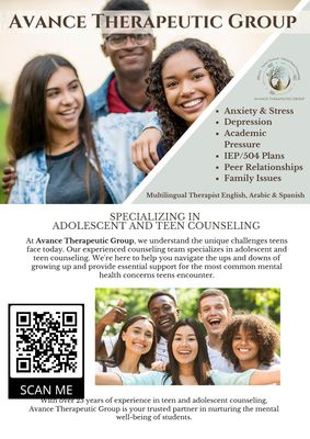 Virtual and In-Person Mental Health Counseling for adolescent, teens, and young adults. Counseling in English, Spanish, and Arabic.