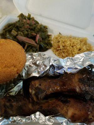 Full Jamaican jerk chicken and sides. Mouthwatering.