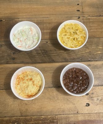 Coleslaw, Mac n cheese, potato salad, baked beans