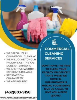 Commercial Cleaning and Janitorial Services! Let Us Clean Your Facility After Hours  We are Insured !