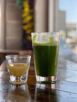 Lemon and ginger shot + greens juice