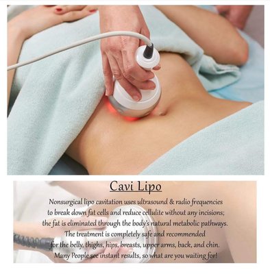 Ultrasound Cavitation Fat melting, Skin Tightening/ Firming and Body Sculpting. 
 No down time, No Surgery, No Pain.