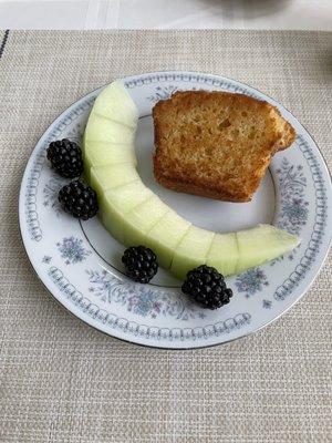 Honeydew and blackberries, coffee cake muffin