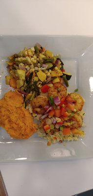 Healthy Shrimp & Grits, Roasted Summer Veg & Sweet Potato Mash