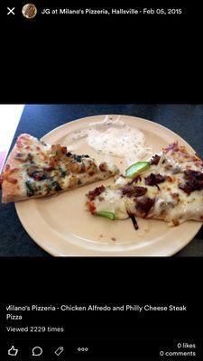 Chicken Alfredo, Philly Cheese Steak Pizza