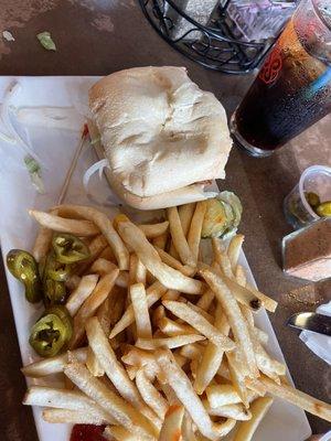 "Savory" chicken burger with cold, stale fries