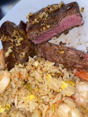 Filet Mignon (on the rare side) and shrimp fried rice