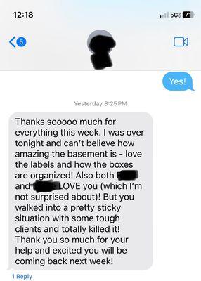 Client feedback on a basement decluttering project.