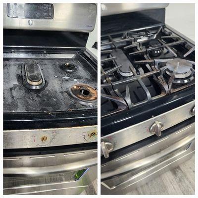 Before and after of a kitchen stove top in our move out home cleaning service