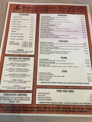 Roosters Menu