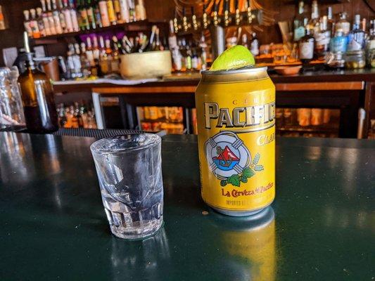 The Villa boilermaker: Pacifico + Los Javis Mezcal