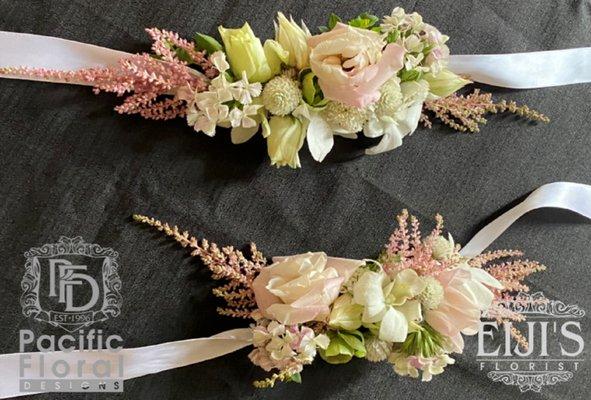 Beach Wedding, Mothers  Corsages, White Dendrobium Orchids, White Clovers, Pink Lisianthus, Pink Veronica, Sweet Peas, Flowering Bupleurum