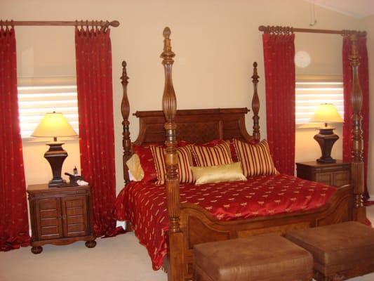 HunterDouglas Silhoette shades covered by custom draperies. Custom duvet, dust ruffle and pillows finish this master bedroom.