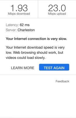 Internet speed test results for US Cellular