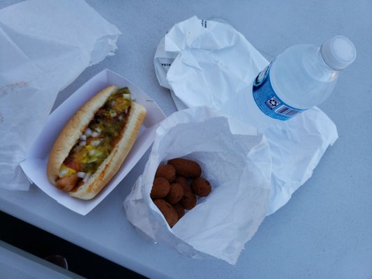 Deluxe red hot, corn dog nuggets, water