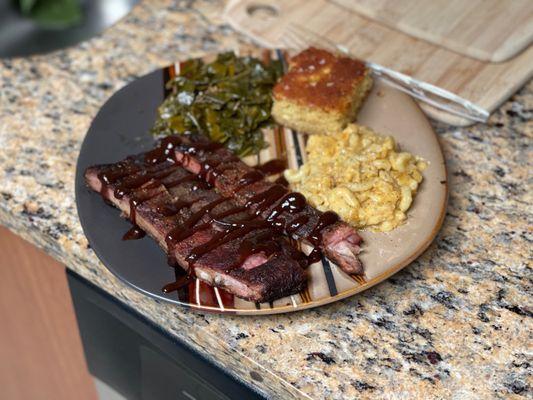 Pork Ribs, Mac n' Cheese, Collard Greens & Cornbread