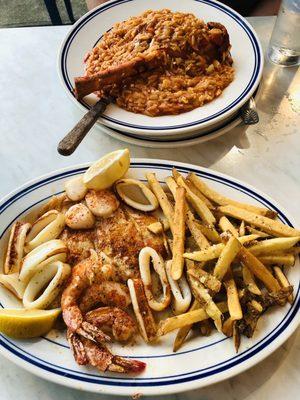 Seafood flounder platter special and lamb shank with orzo