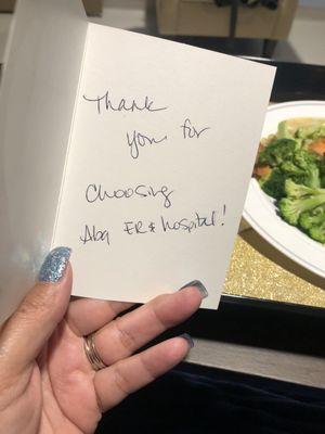 A thank you card from the hospital that they brought with dinner.