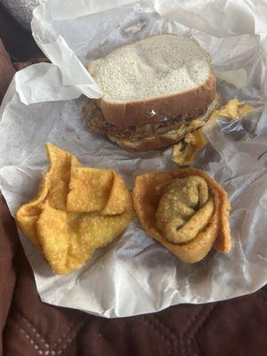 Chicken St. Paul Sandwich, Crab Rangoon, and Wonton