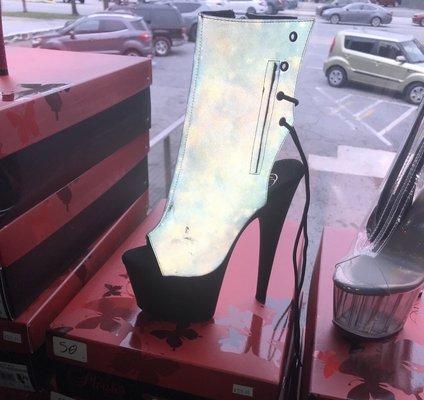 Star inspired platform heels that are on wishlist. View of front parking in background. Additional parking and entrance in rear too.