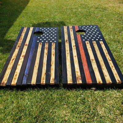 Thin Blue Line and Thin Red Line competition size corn hole table set